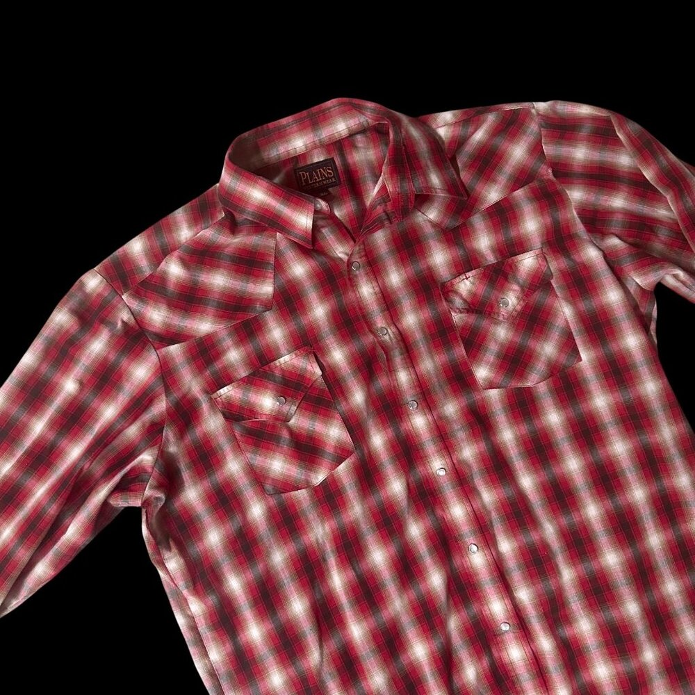 Vintage Plains Western Wear Red Plaid Pearl Snap Shirt XL Cowboy Long Sleeve